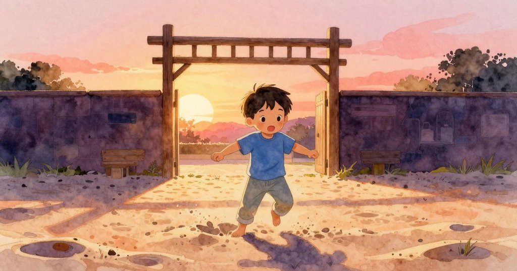 在溫暖的午後，Zev穿越木製拱門進入操場，展示沙盒入口及明亮光影，表情充滿期待