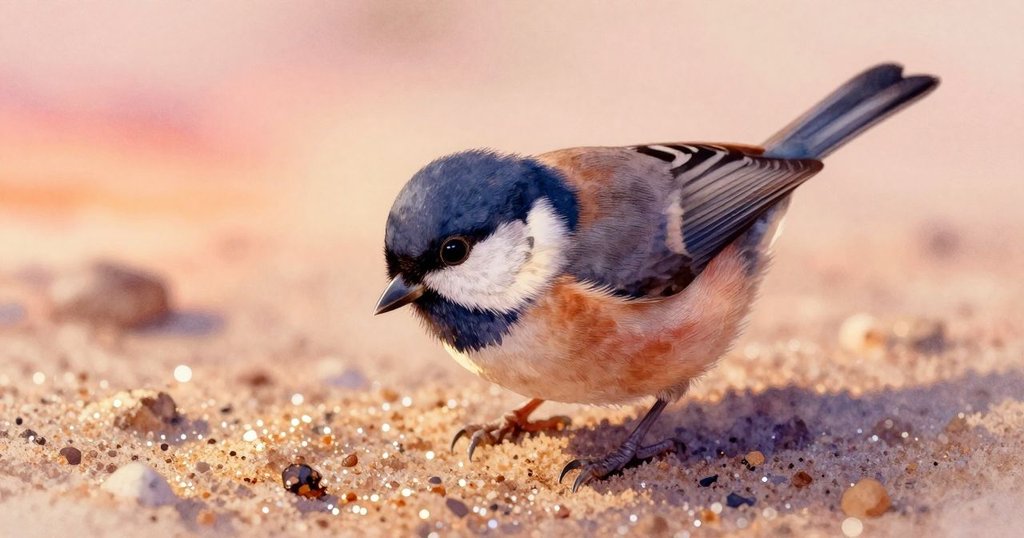 麻雀在沙盒角落啄食濕沙，聚焦於閃爍的沙粒和變形效果，營造出迷人的細膩質感