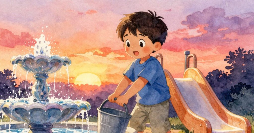 Zev推著水桶走向噴水池，明亮按鈕上凝結著水珠，旁邊滑梯在陽光下閃耀，充滿瞬間魔力