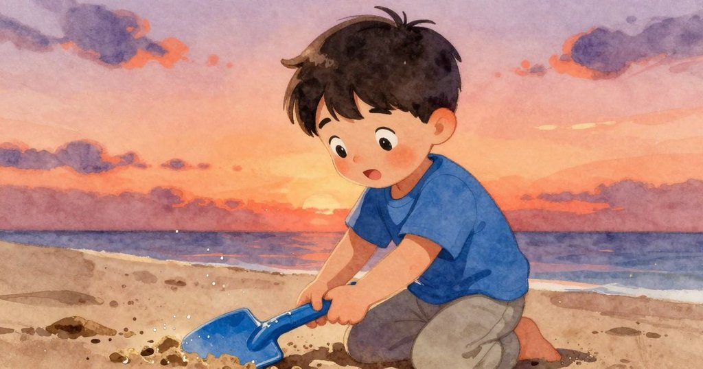 Zev專注地用藍鏟挖取濕沙，手部和臉上的表情透露著堅定與小心，水珠閃爍營造出細膩質感