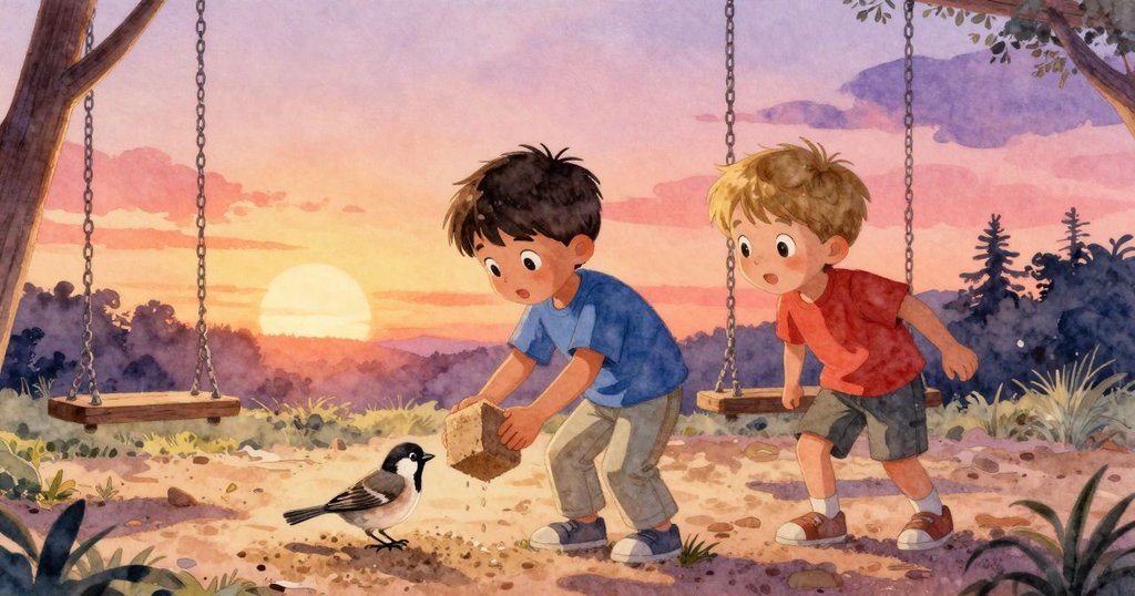 在溫柔金色光線下，Zev將濕沙塊輕輕放向等待的麻雀，Bram在遠處注視，操場呈現和諧寧靜的結局