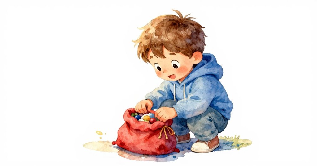 Zev在充滿晨光的台階邊小心打開背包,檢查積水中映出的小石與水珠,眼神充滿探索與驚喜