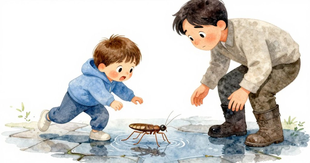 水黽在濕潤的磚石上迅速移動,鏡頭捕捉細緻水滴與反光,遠處蝸牛悄然向門縫滑行