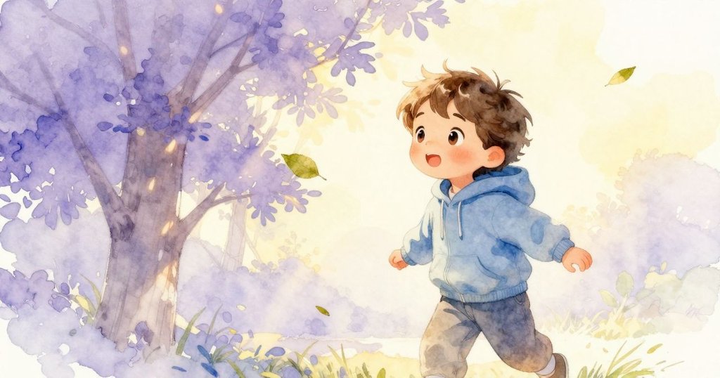 在柔和陽光下,樹影隨風搖曳,一片樹葉輕輕漂落,Zev靜靜觀察,感受涼爽與平和