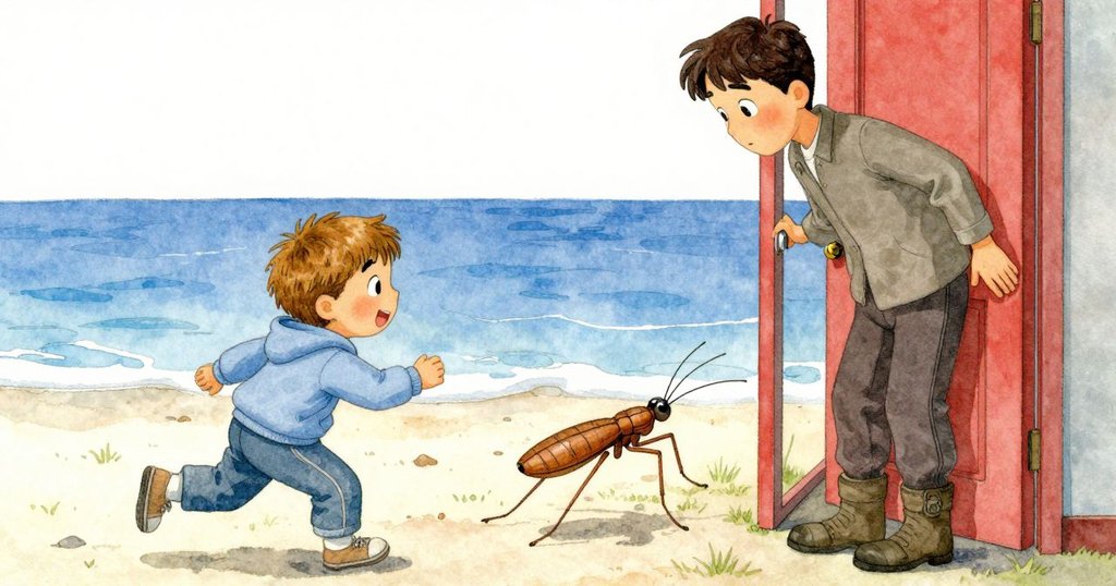 在追逐中,成年人急步出門,水黽迅速劃過,蝸牛輕靠門縫,營造出生動緊張的氣氛