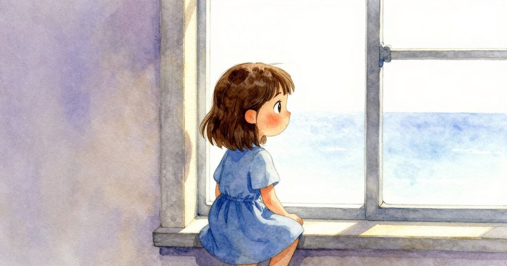 室內視角呈現昏灰與淡紫交織光影，艾斯梅靜坐窗前，神情沉思，展現時光流動中的平和感。