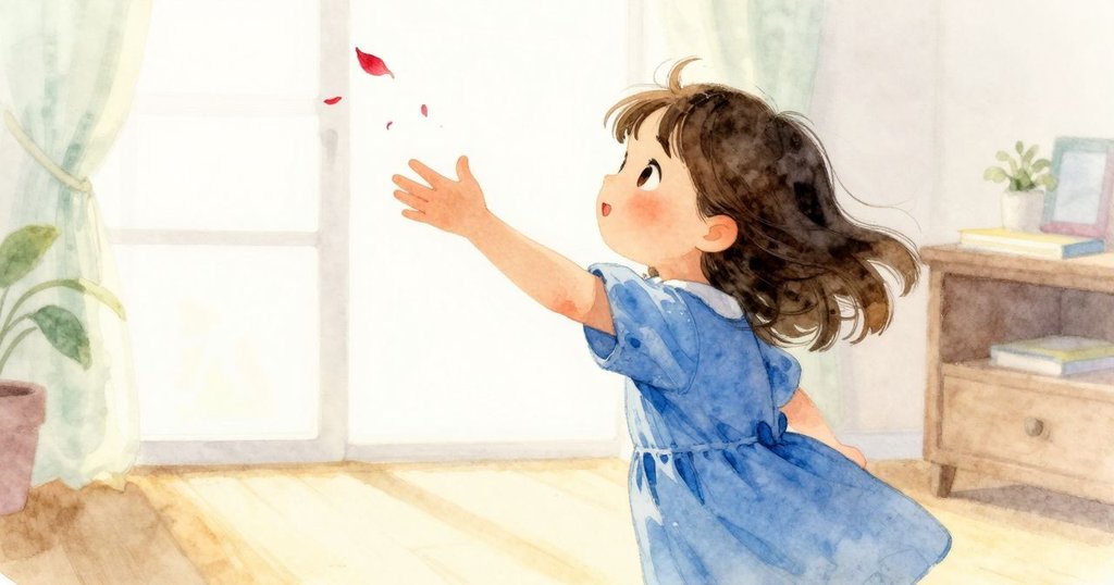 艾斯梅在室內動作活潑追逐輕舞花瓣，耳邊微響引發好奇回轉，空間中流露輕柔追逐情趣。