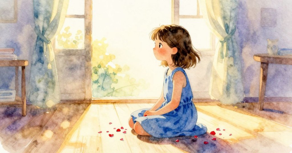 艾斯梅在金色夕陽中靜看花瓣安臥膝上，窗外雨聲持續，室內散發溫暖光輝，情緒平靜緩和。