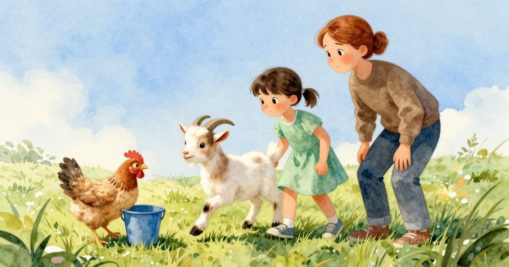 在晨曦中,一個海藍色水桶靜臥在綠茵草地上,水滴輕落,山羊仔小心靠近展開冒險。