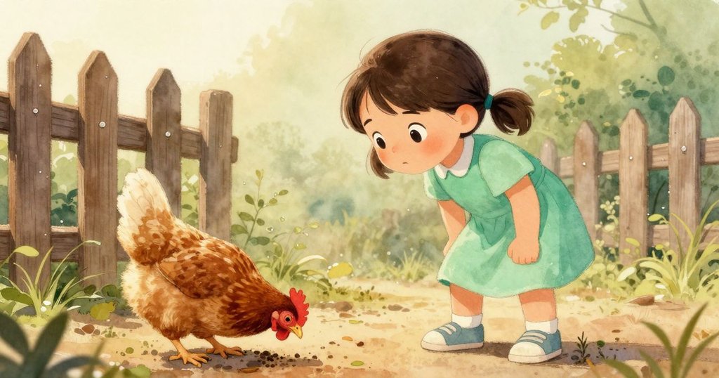 從小雞視角望去,牠在塵土中啄食,背景中可見守望的成年人與女孩站於晨露閃爍的木欄旁。