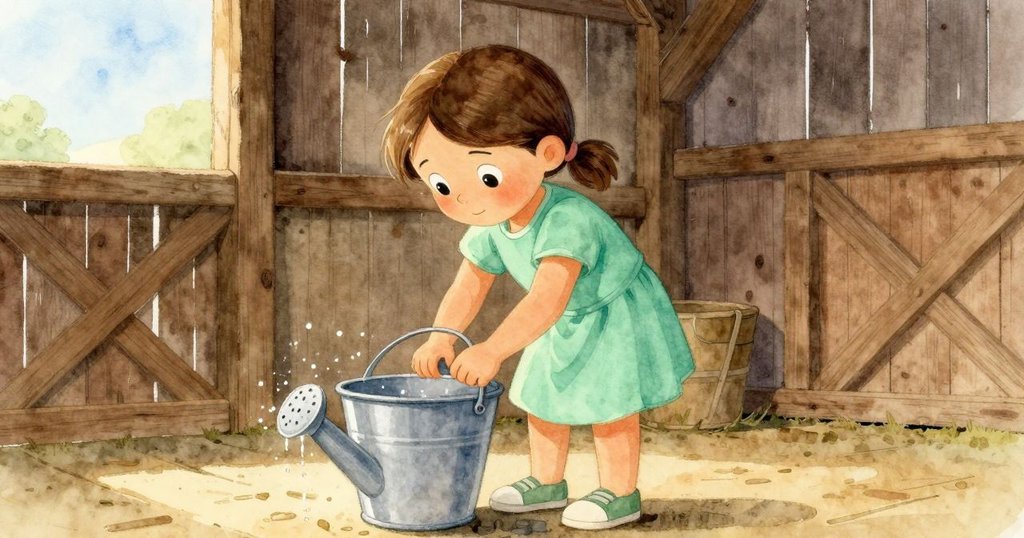 在鄉村谷倉內,女孩細心操作水桶,觸碰粗糙邊緣,水光閃爍,穩定解決問題。