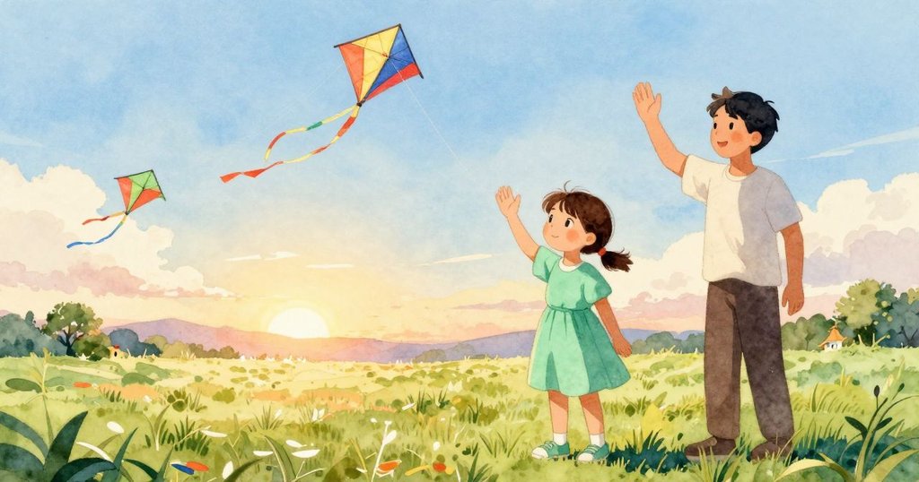 風箏飄舞天空,女孩與成年人笑著揮手告別快樂的山羊仔,結尾畫面溫馨祥和。