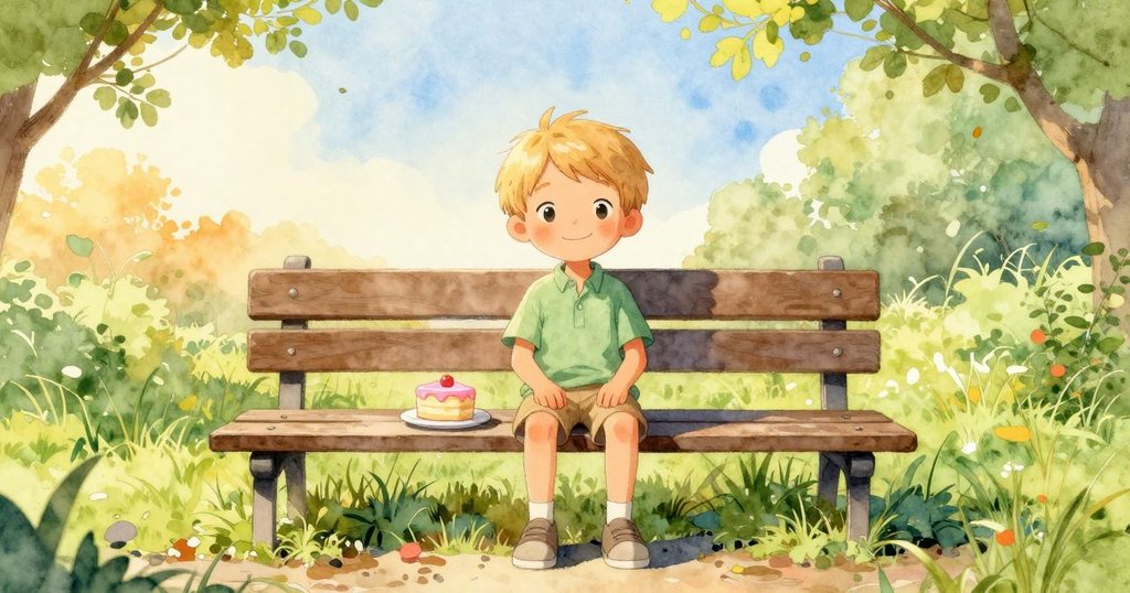 格雷姆坐在公園長椅上享用蛋糕,旁邊放著散發溫暖晨光的粉紅糖霜,草地整齊,氛圍寧靜。