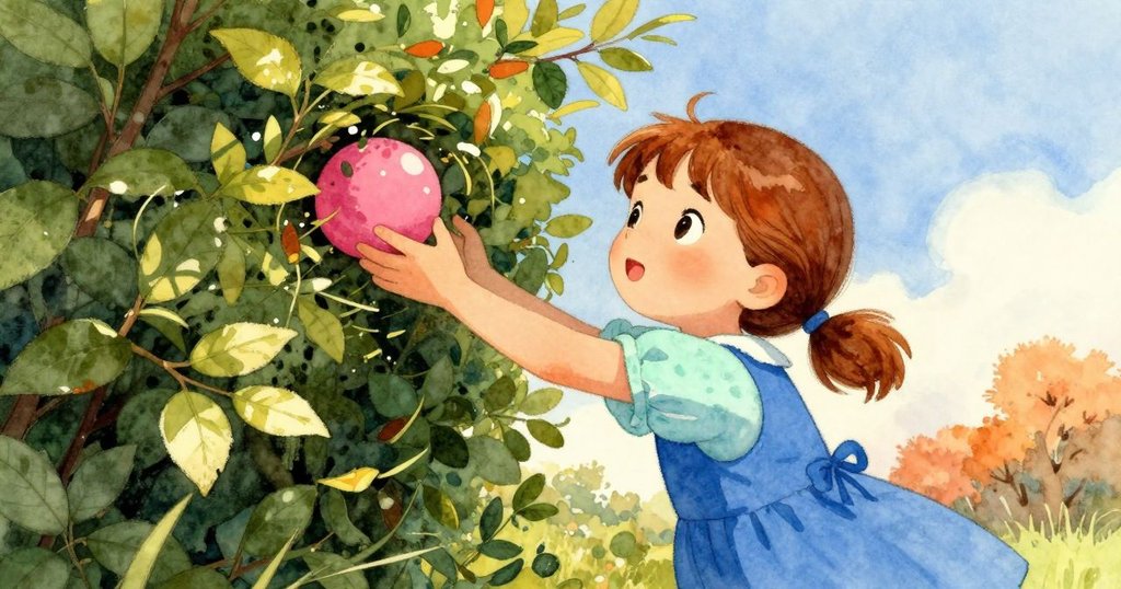 朱麗葉伸手進入樹籬陰影中發現粉紅球,葉子沙沙作響,場景從低角度呈現隱秘感與探索氛圍。