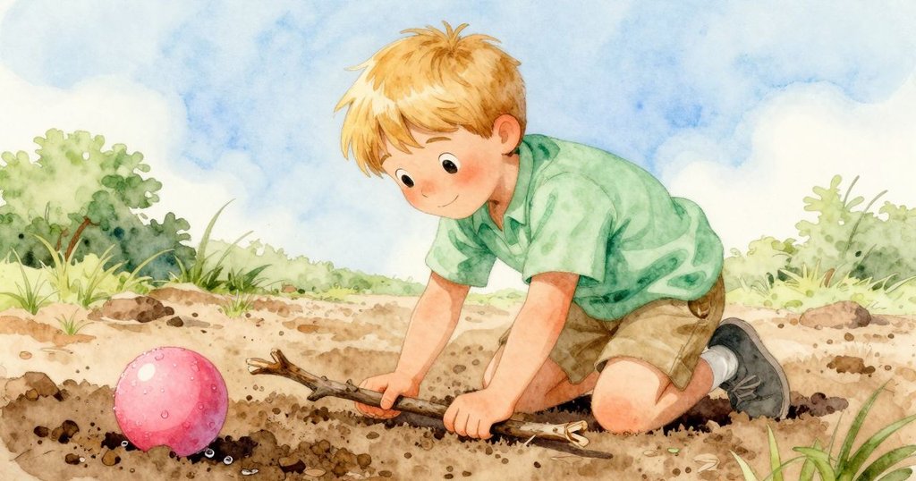 格雷姆跪在乾燥泥土上,拾起細長枝條推動粉紅球,水珠閃爍,動作專注,現場充滿細節與質感。