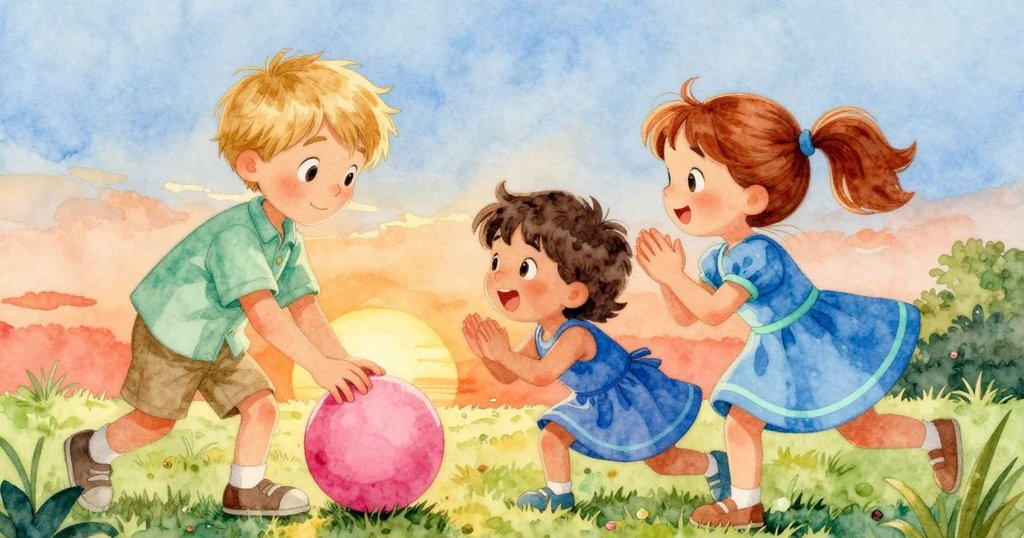 格雷姆用小石輕推粉球,朱麗葉興奮鼓掌,動作迅速而活潑,夕陽染紅場景,展現合作與樂趣。