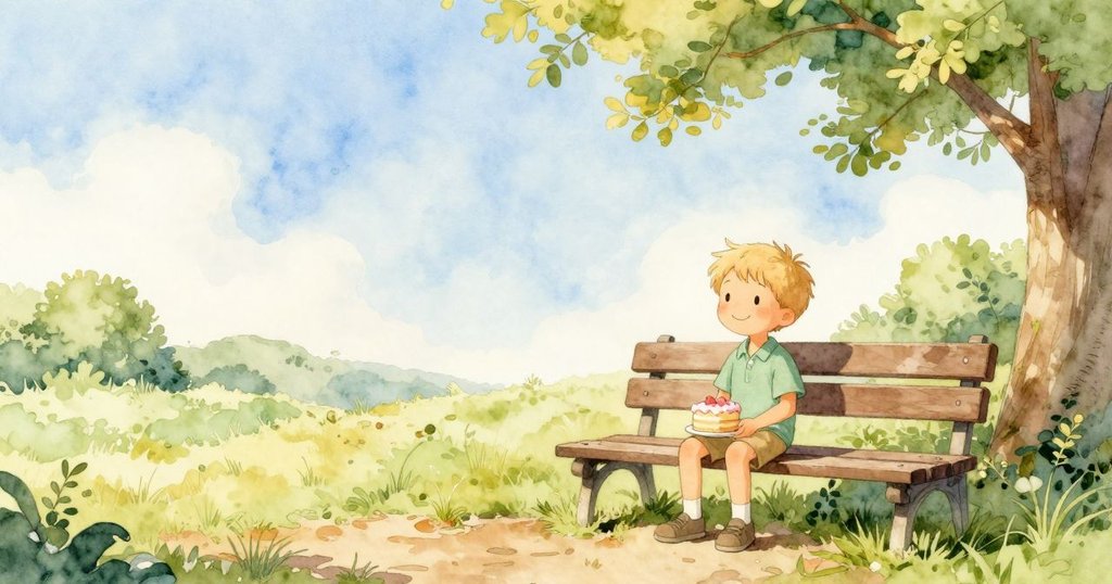 格雷姆微笑著返回公園長椅旁,蛋糕上粉霜依舊完美,寧靜草坪與溫柔晨光營造出和煦安寧的結局。