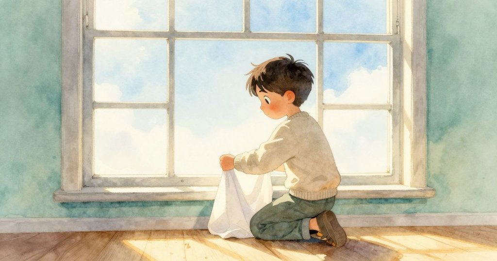 艾米爾在窗邊坐墊上輕輕舉起白紙,窗外細雨打落窗台,神情沉靜,充滿晨光溫暖氣氛