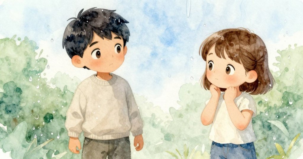 窗台上白紙與濕玻璃細節特寫,一滴雨珠輕輕觸碰紙邊,象徵著微妙變化,畫面溫柔清新