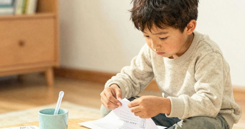 艾米爾專注摺紙飛機,手部特寫展現細節,旁邊隱藏著塑料駕駛員與杯子,場景充滿神秘感