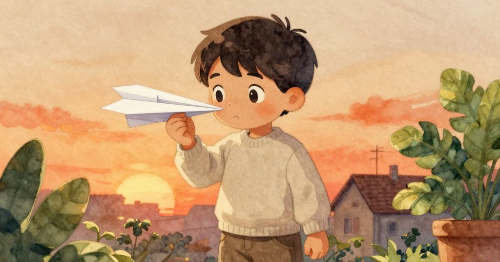 艾米爾正專注夾緊紙飛機鼻尖,神情堅定,決斷時刻充滿創意思考,室內暖光襯托細節