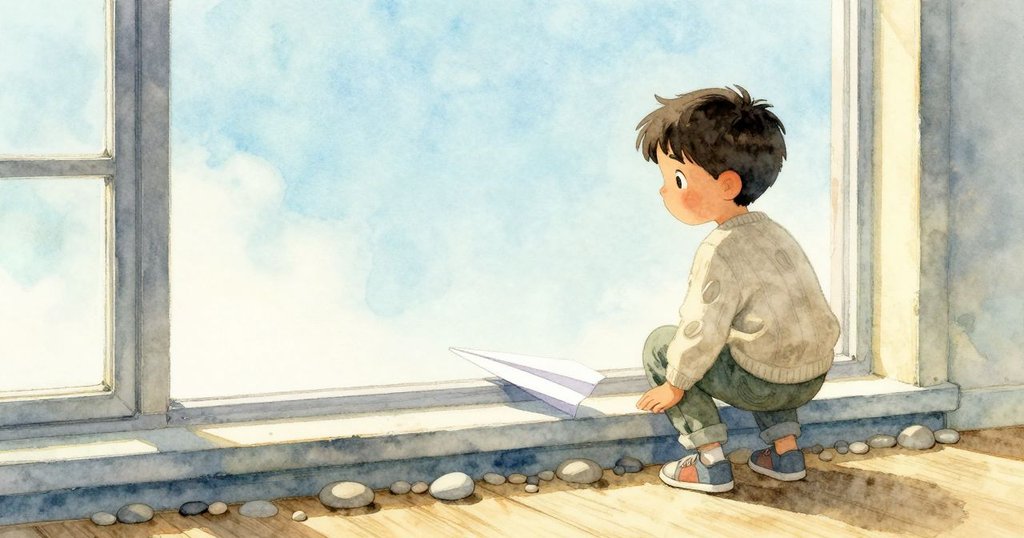 紙飛機在窗邊石排列間輕旋,艾米爾靜靜觀察,表情滿足,畫面透出平靜結局與柔和晨光