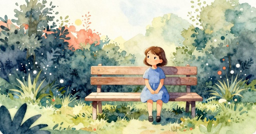 珍妮特坐在戶外花園低台上，晨曦柔和灑下，露珠閃爍，臉上流露出平靜與期待