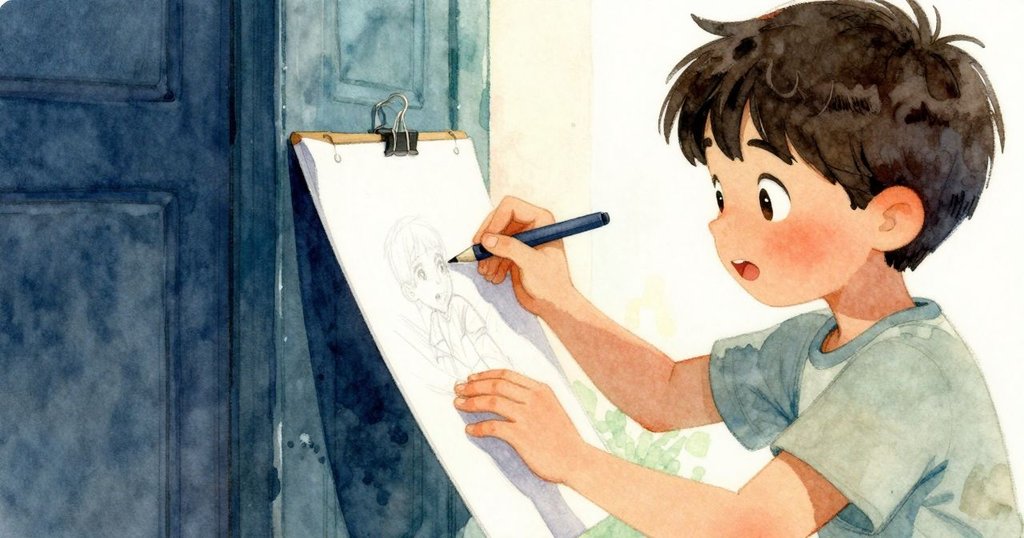 凱蘭在門旁專心作畫，手握畫本，一頁被微風吹起，神情中帶著驚喜與專注