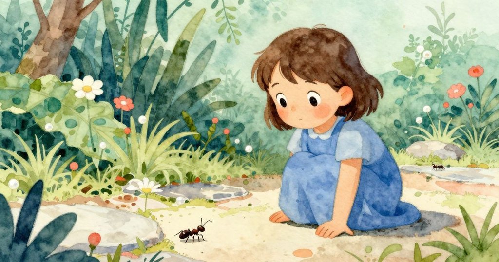 珍妮特從低角度注視著石徑上忙碌爬行的小蟻，神情中流露出細膩好奇與讚賞