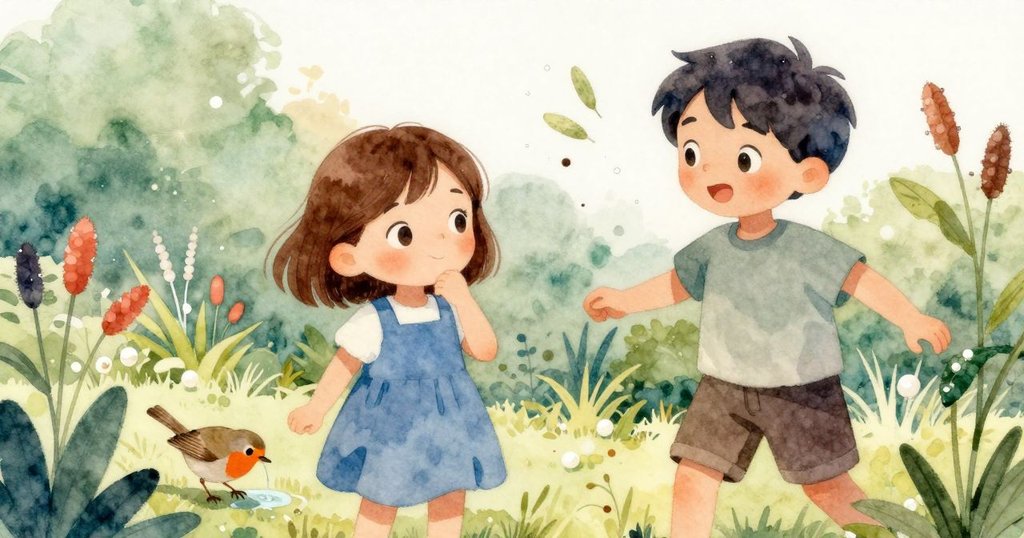 微風吹動乾燥種莢，水滴從葉尖滑落，知更鳥輕啄殘留水漬，展現花園中自然生動韻律