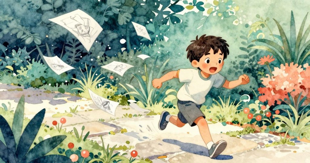 凱蘭沿著石徑奔跑追逐飛舞的畫本頁面，充滿活力與急切，展現年少時的創造力與熱情