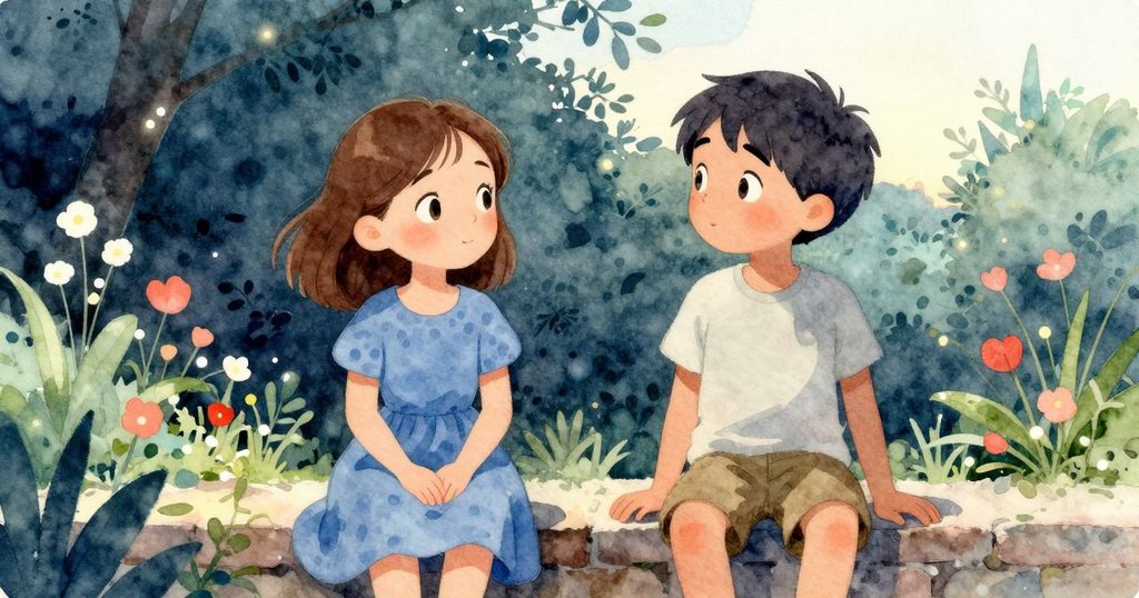 在夕陽微暗的背景下，珍妮特與凱蘭在花園邊緣互相凝視告別，面帶溫柔微笑，展現依依惜別情懷