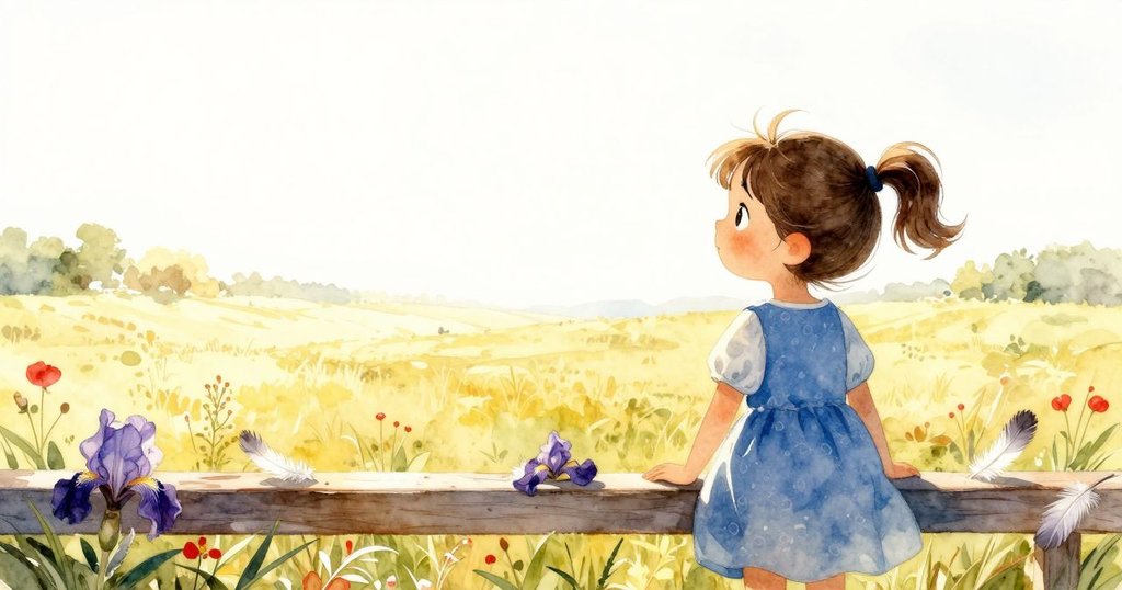 Iris站在低軌旁，散落羽毛映襯下的農場晨光中，展現出好奇與期待的神情