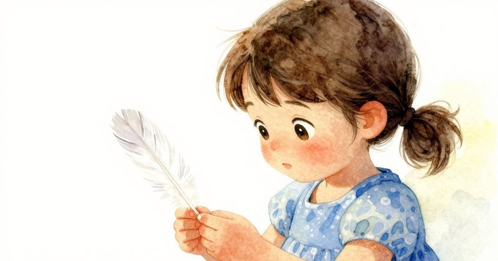 Iris專注凝視著手中潔白羽毛，神情充滿好奇，細節清晰展現溫柔光影