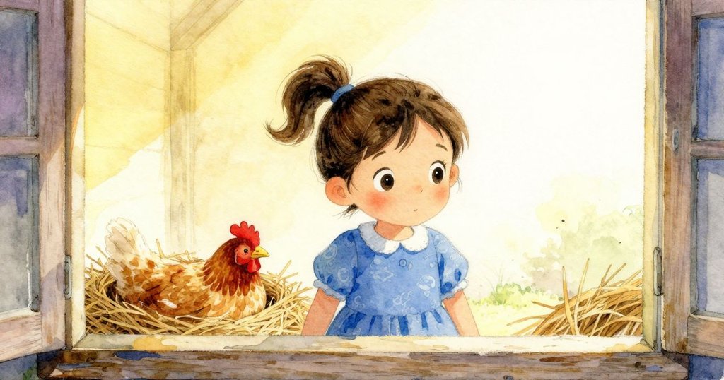 透過破舊木窗，Iris觀望舒適草巢內安睡的母雞，室內外溫柔光線交融，流露出欣賞之情