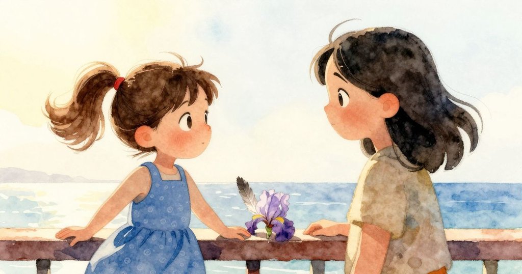 在柔和午後光線中，Iris與成人合作，用短棍將灰羽推回軌上，微風輕拂，時光流轉感明顯