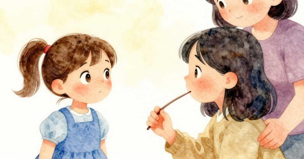 Iris握著短棍凝神停頓，臉上流露堅定與期待，成人溫暖微笑在旁，營造出輕柔懸念氣氛