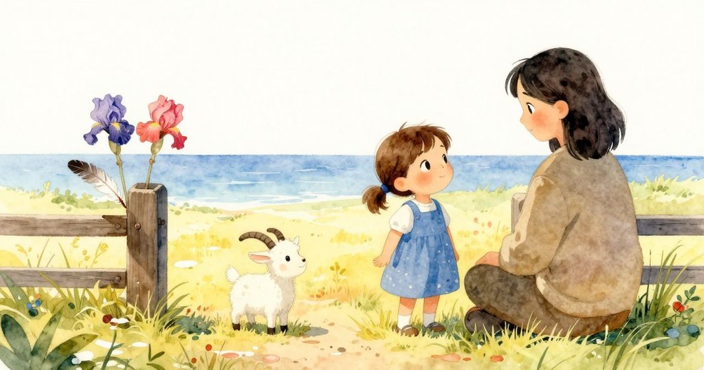 在明亮農場中，Iris與成人站在整齊排列的三羽旁笑容滿面，附近山羊幼崽嬉戲，整體畫面平和溫馨