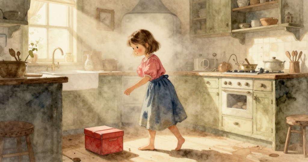 Willa走向紅盒子，晨霧中廚房柔和光線映照，充滿期待與好奇，檯面上有濕痕