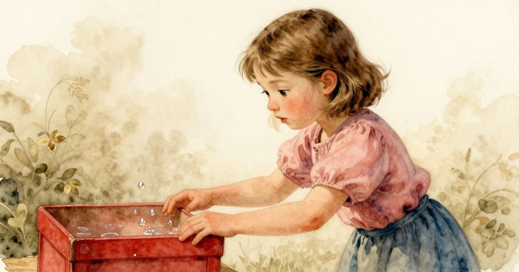 Willa伸手觸碰紅盒，濕潤邊緣水珠閃爍，畫面細膩溫暖，展現探索之情