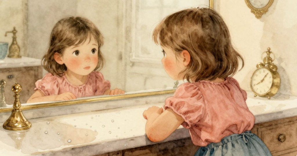 從Willa肩後視角看檯面上濕痕與水珠，她表情流露出好奇與猶豫