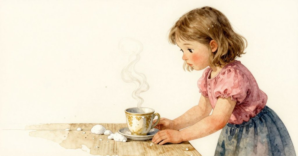 Willa觀察水龍頭下濕線與細小皂泡，杯旁蒸汽輕繞，光線柔變呈現時間流逝感