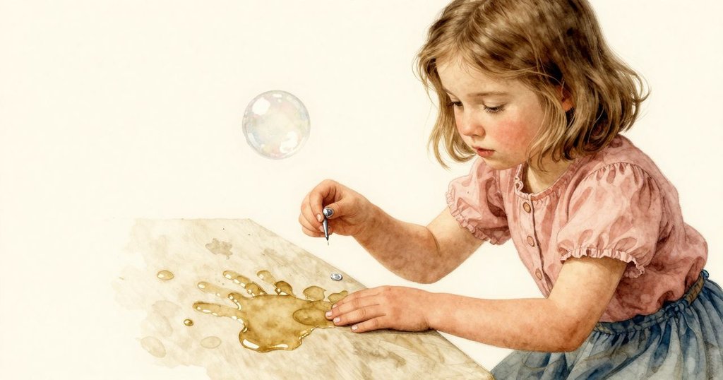 Willa仔細觀察切菜板上濕印與發光銀釘，漂浮皂泡在上方爆裂，臉上滿是驚奇