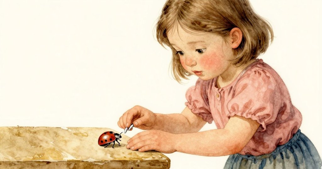 Willa輕遞銀釘給檯面上小瓢蟲，溫柔交流展現關懷與分享，畫面溫暖細膩