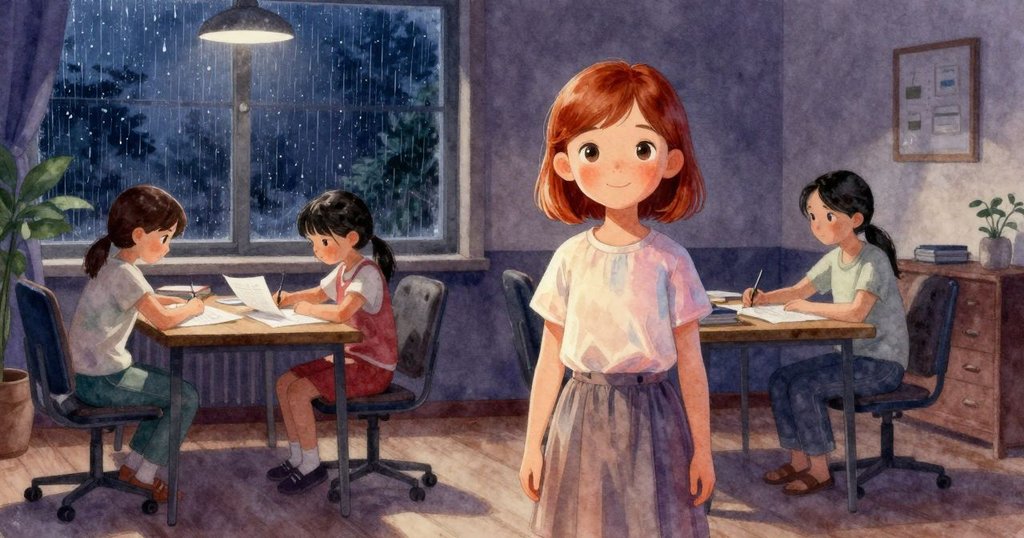 弗羅拉皺眉,莎拉坐在桌旁,窗外下雨,房間擺滿物品,營造出熱鬧忙碌的家中學習情境