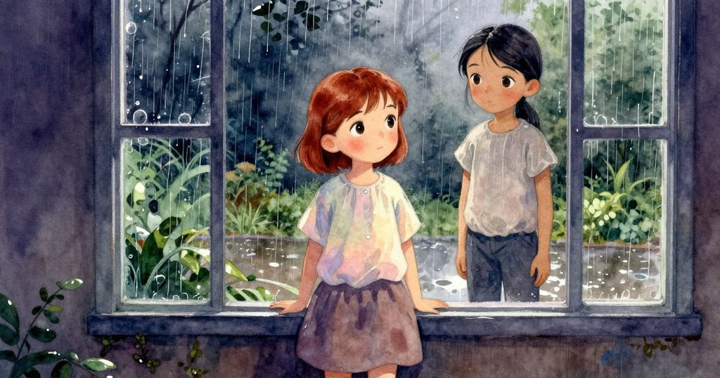 透過高窗看見戶外雨中花園,滴水濕潤植物與積水映出平靜氛圍,形成室內外對比
