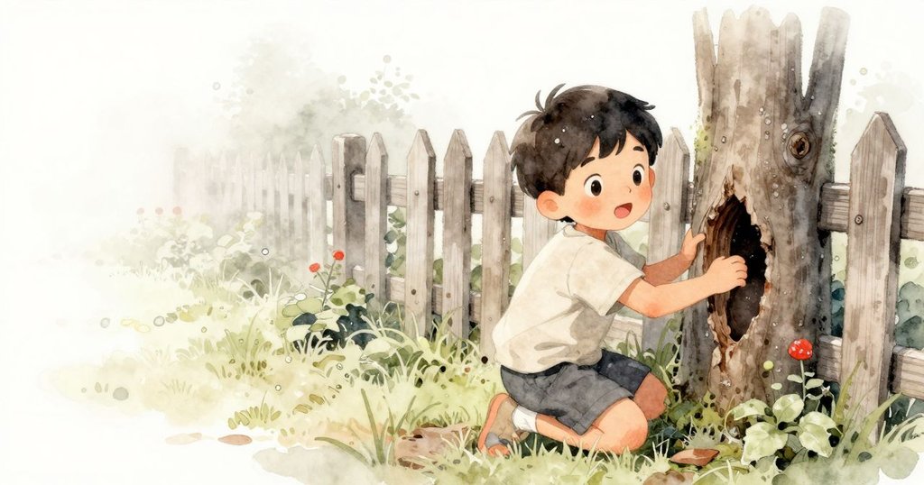 Everett在清晨朦朧的花園中蹲在籬笆旁,好奇觀察著沿沙地行走的螞蟻,光線柔和,氛圍寧靜。