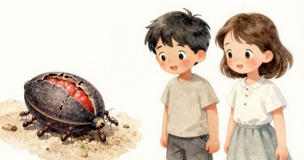 細緻的特寫中,螞蟻環繞著破裂的種子莢,砂土紋理清晰,透露出自然細節和發現的驚喜。