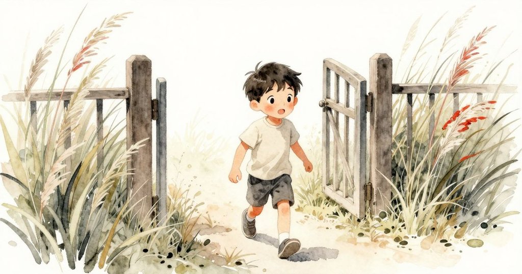 從高角度看,Everett走向微開的門縫,草叢輕拂他的膝蓋,陽光溫柔,整個畫面充滿動態與自然美。