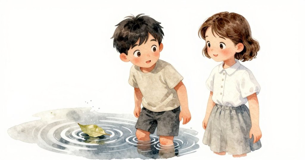 門邊的水坑中,水波漣漪隨著一片旋轉的樹葉擴散,空氣中帶有微涼氣息,營造出平靜而動感的瞬間。